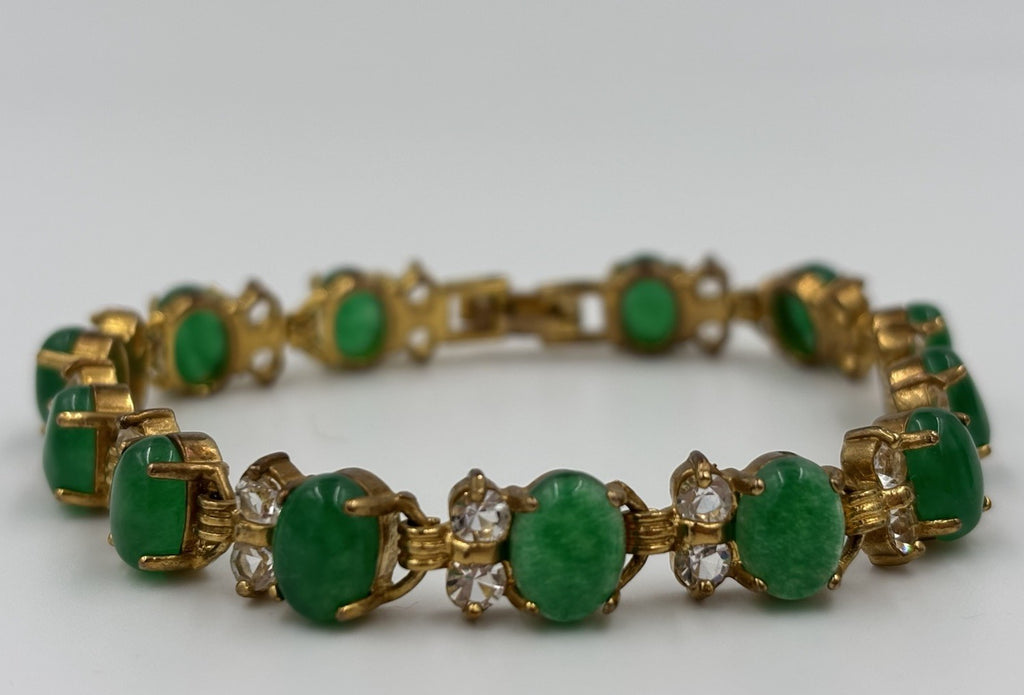 Vintage Natural Jade Bracelet Gold Tone Cubic Accents Elegant Classic Jewelry