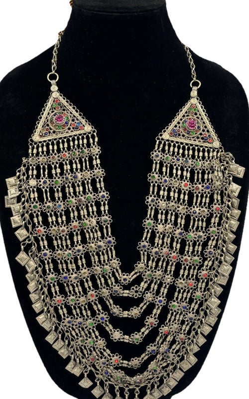 Vintage ethnic silver Kuchi style statement bib necklace tribal coin pendant Afghan