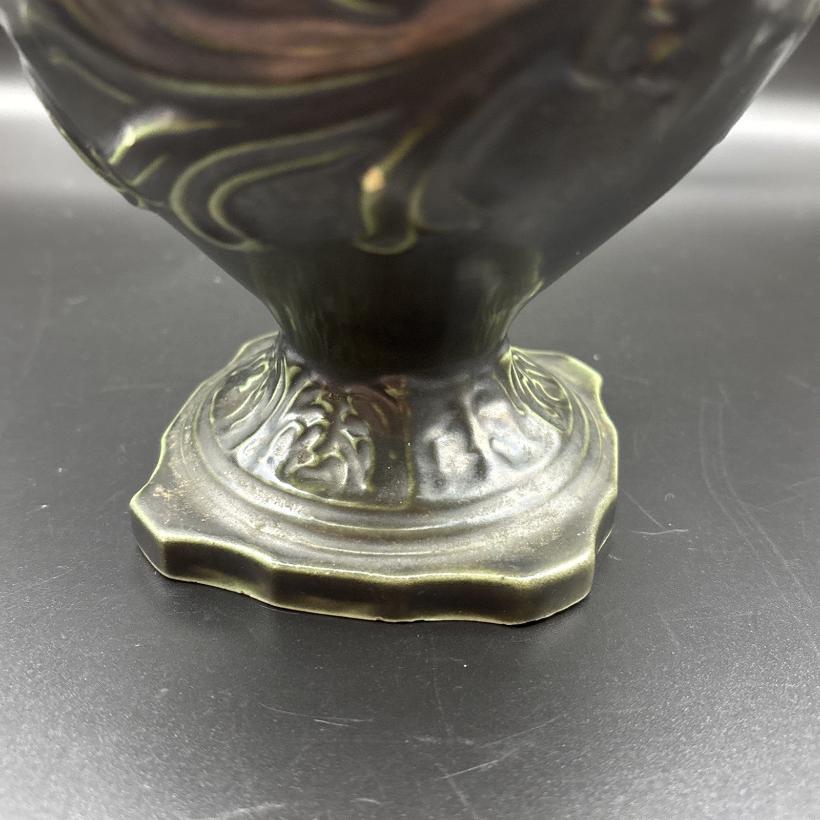 Vintage European Art Nouveau Handled Vase Dark Metallic Glaze Relief Urn