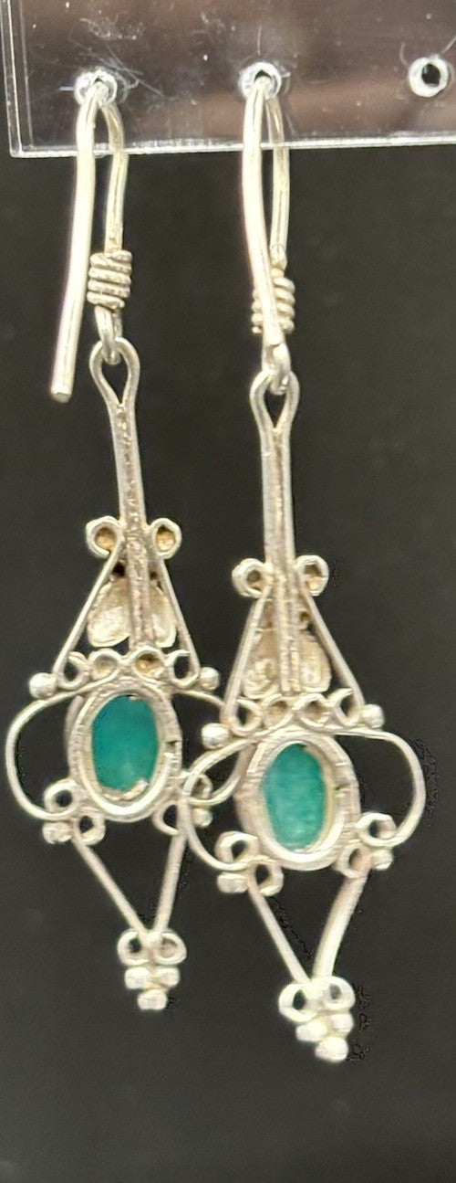 Vintage Sterling Silver Green Onyx Earrings Boho Filigree Dangle 925