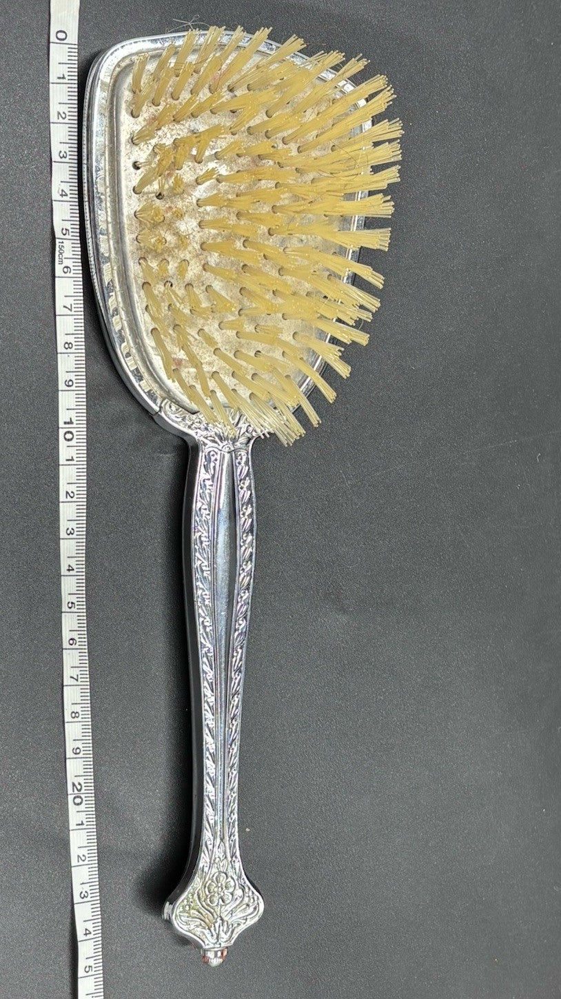 Vintage Vanity Brush & Hand Mirror Set Floral Silver Tone Mid Century
