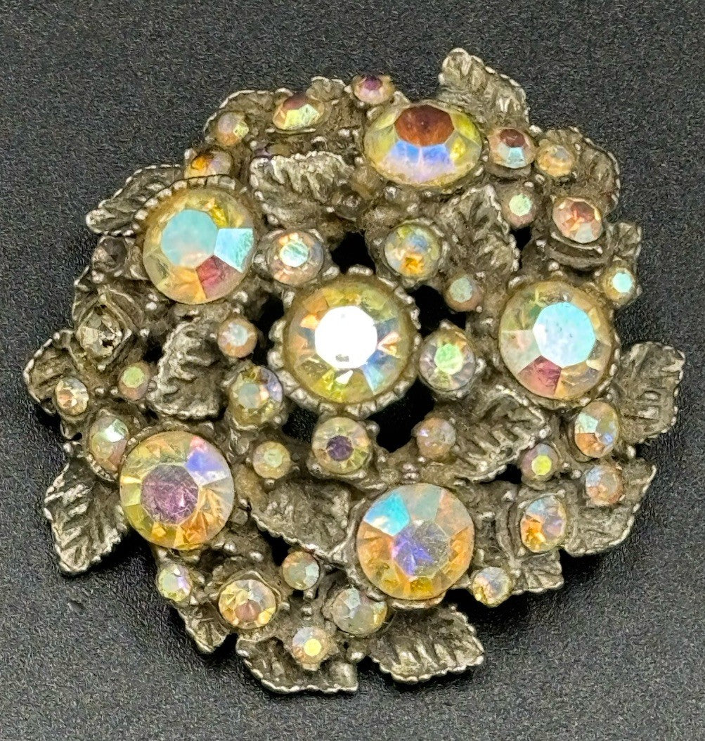 Vintage Aurora Borealis Rhinestone Floral Brooch 1950s Silver Tone Cluster