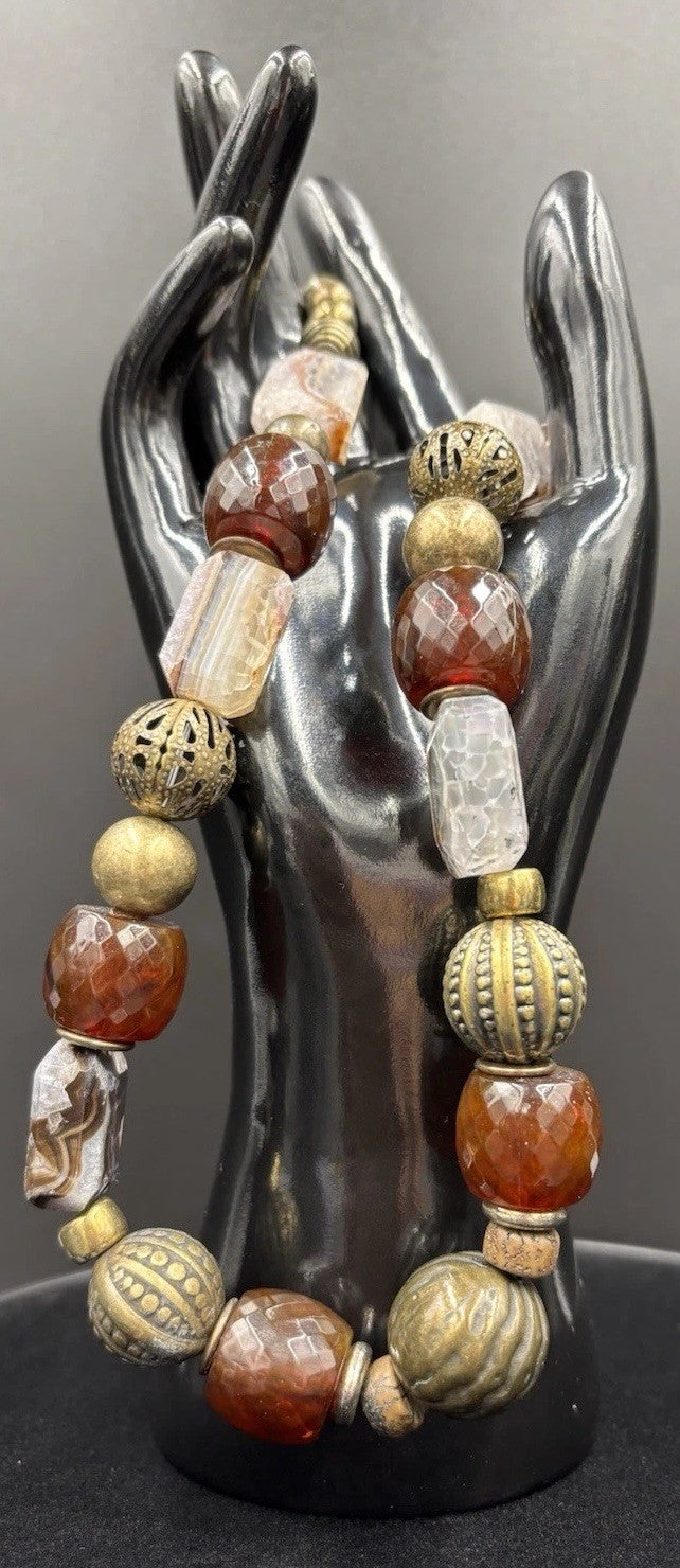 Vintage Natural Agate Beaded Necklace Artisan Statement Earthy Brass Tone