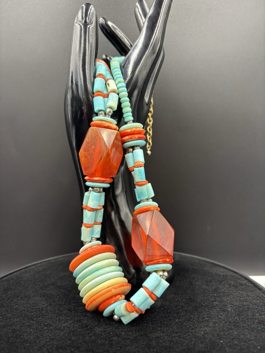 Vintage Tribal Necklace Red Resin & Turquoise Beads Statement Jewelry