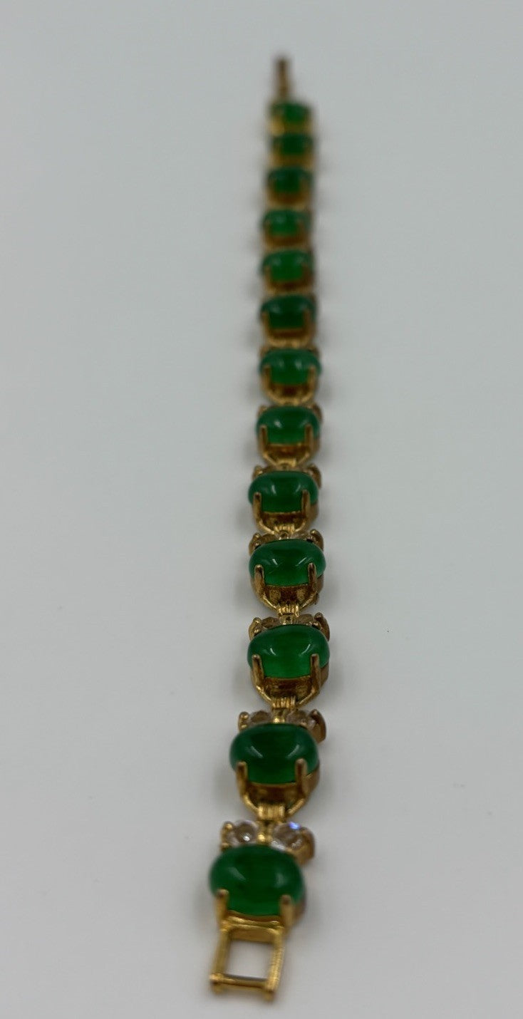 Vintage Natural Jade Bracelet Gold Tone Cubic Accents Elegant Classic Jewelry