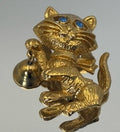 Vintage Avon Cat Brooch Gold Tone Blue Rhinestone Eyes Bell Signed