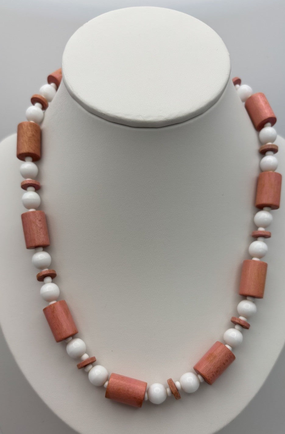 Vintage Trifari Faux Coral Pink and White Bead Necklace Signed Pat Pend