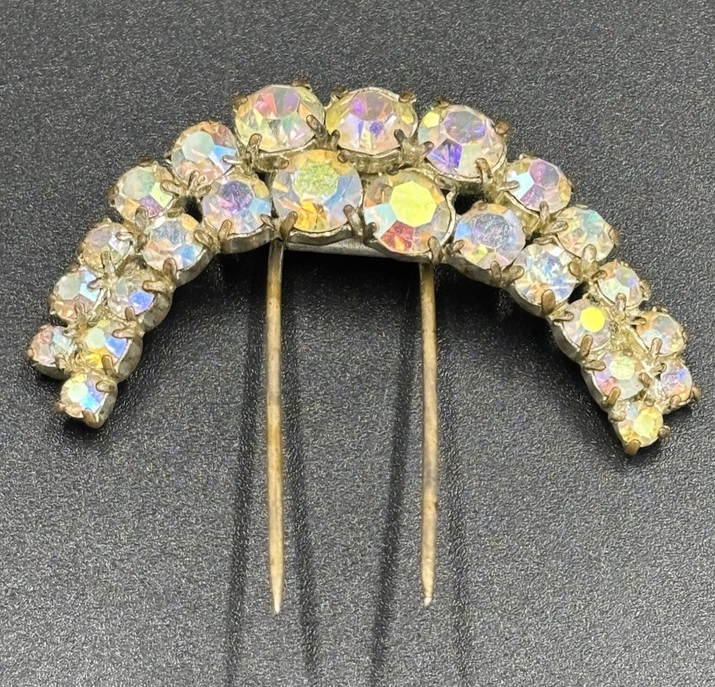Vintage Aurora Borealis Rhinestone Hair Comb Silver Tone Mid Century