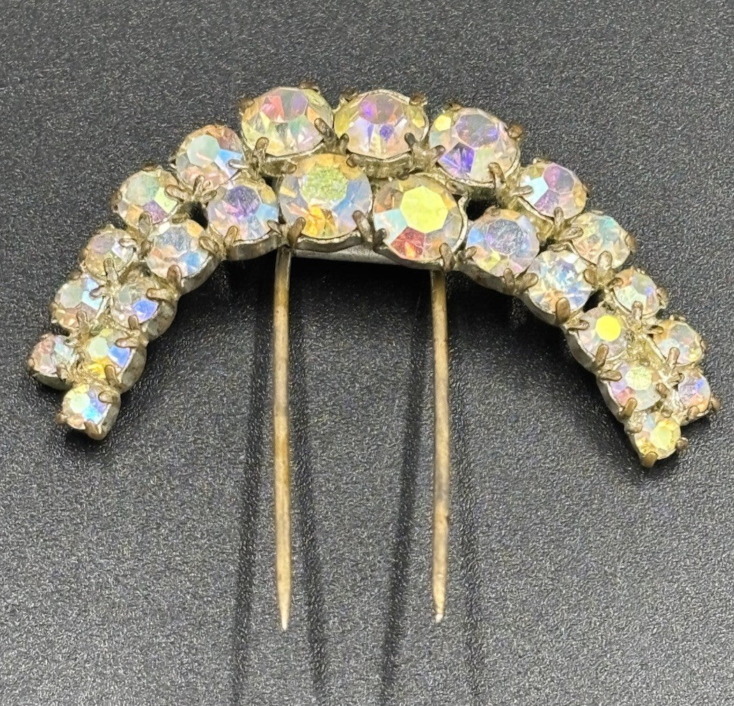 Vintage Aurora Borealis Rhinestone Hair Comb Silver Tone Mid Century