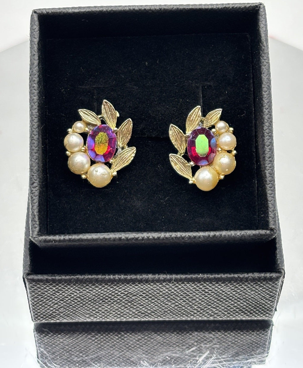 Vintage Lisner AB Rhinestone Faux Pearl Screw Back Earrings Gold Tone Floral
