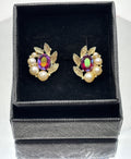 Vintage Lisner AB Rhinestone Faux Pearl Screw Back Earrings Gold Tone Floral