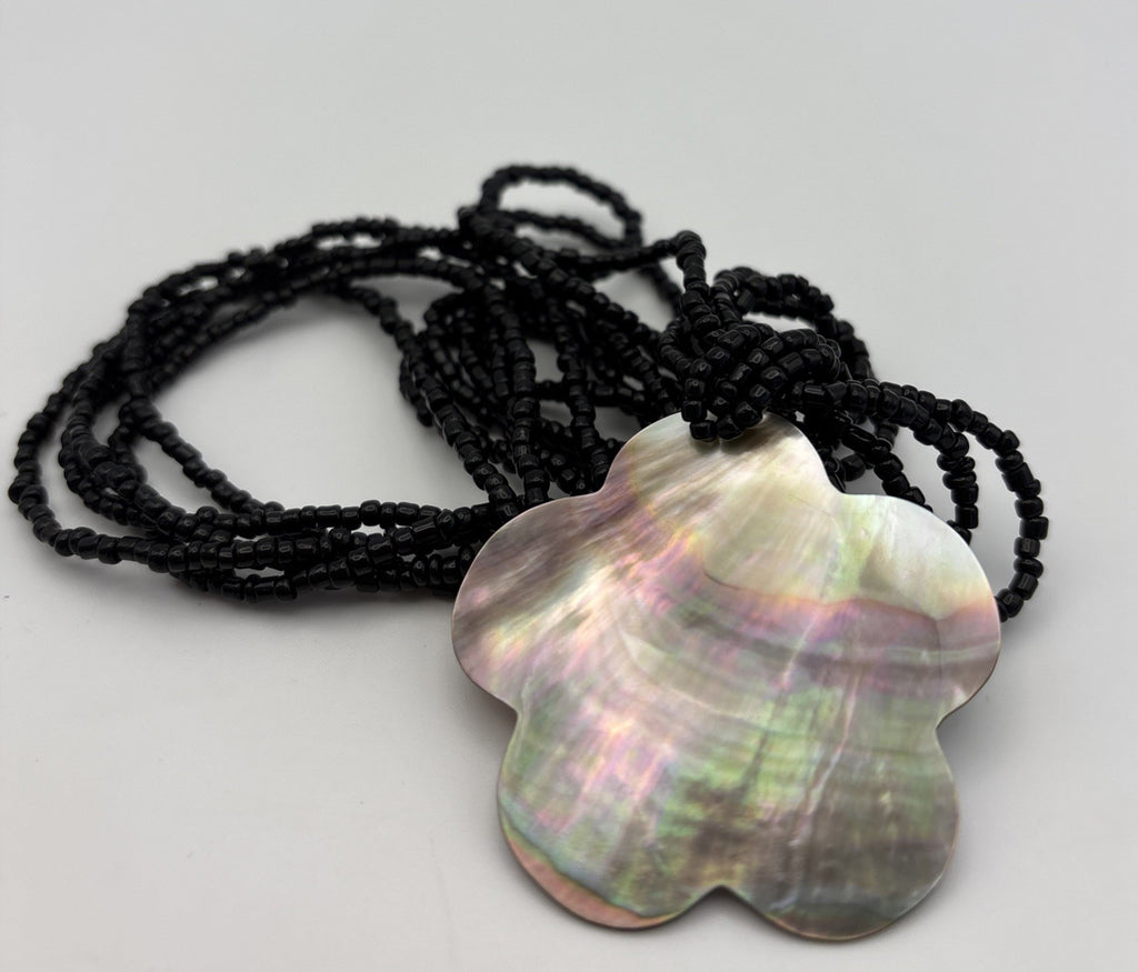 Vintage Mother of Pearl Flower Pendant Necklace Multi Strand Black Seed Beads