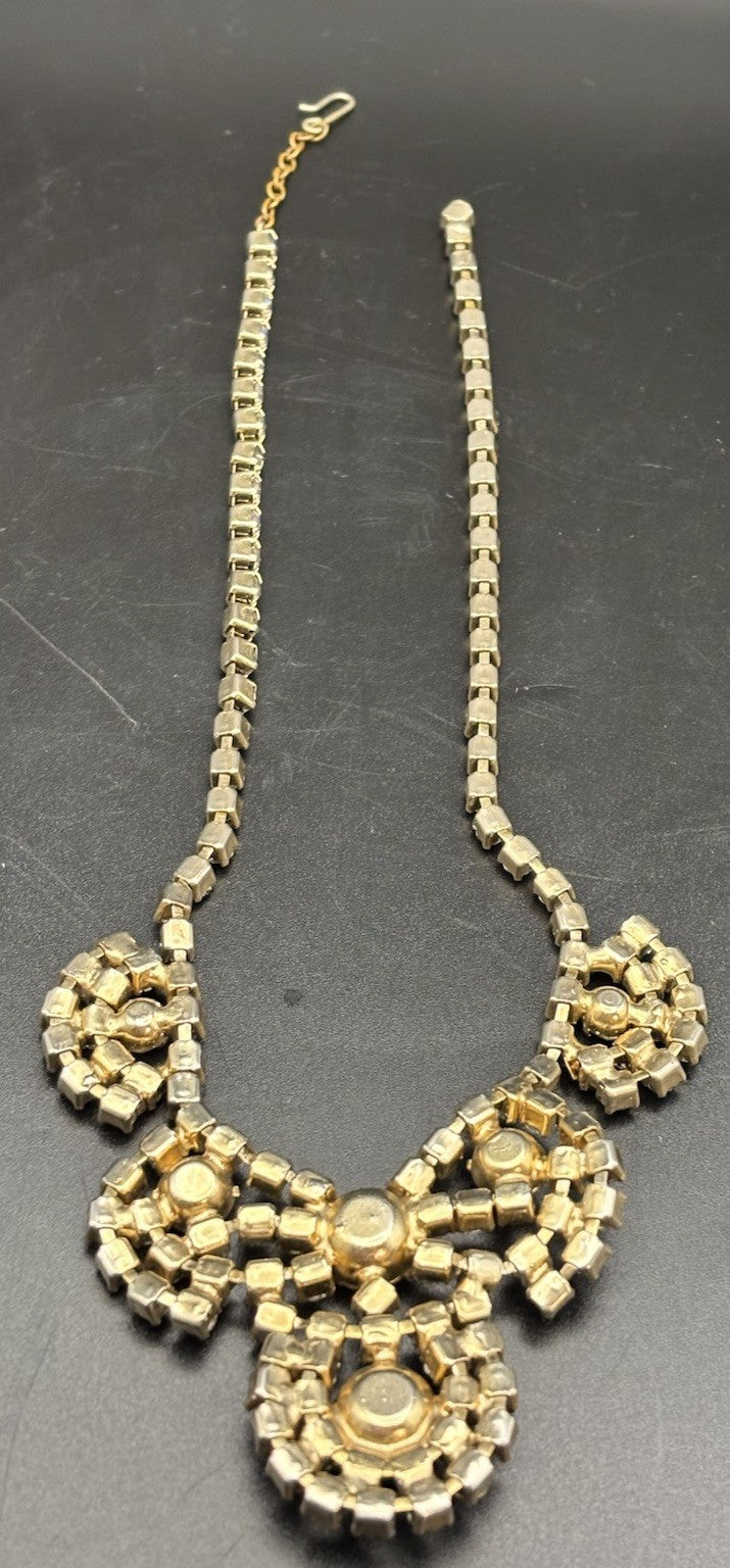 Vintage Aurora Borealis Rhinestone Statement Necklace Gold Tone Mid Century