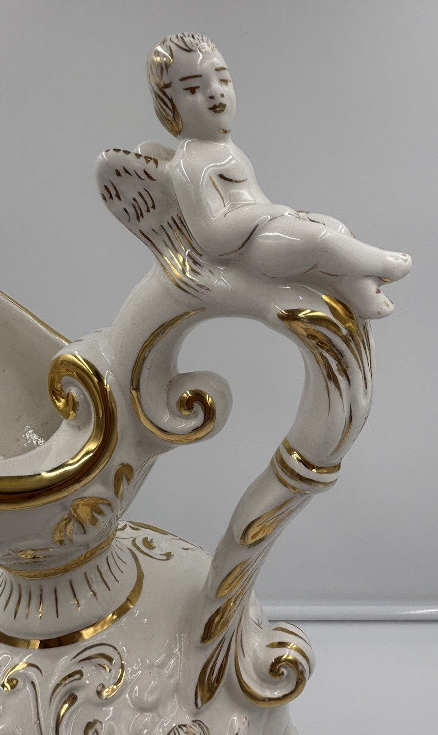 Vintage Capodimonte Italian Porcelain Cherub Ewer Vase Hand Painted Gold Gilt