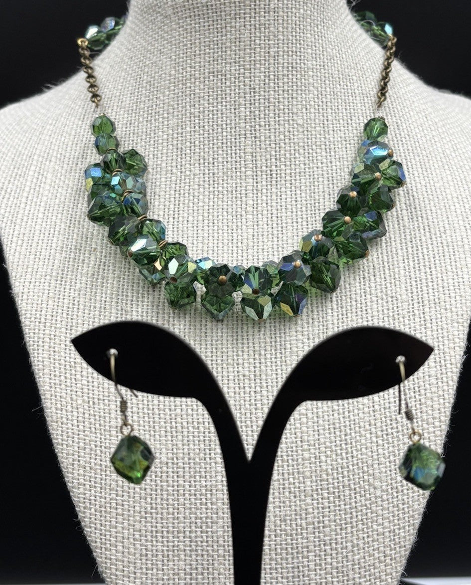 Vintage 1950s Aurora Borealis Green Crystal Bib Necklace & Earrings Set
