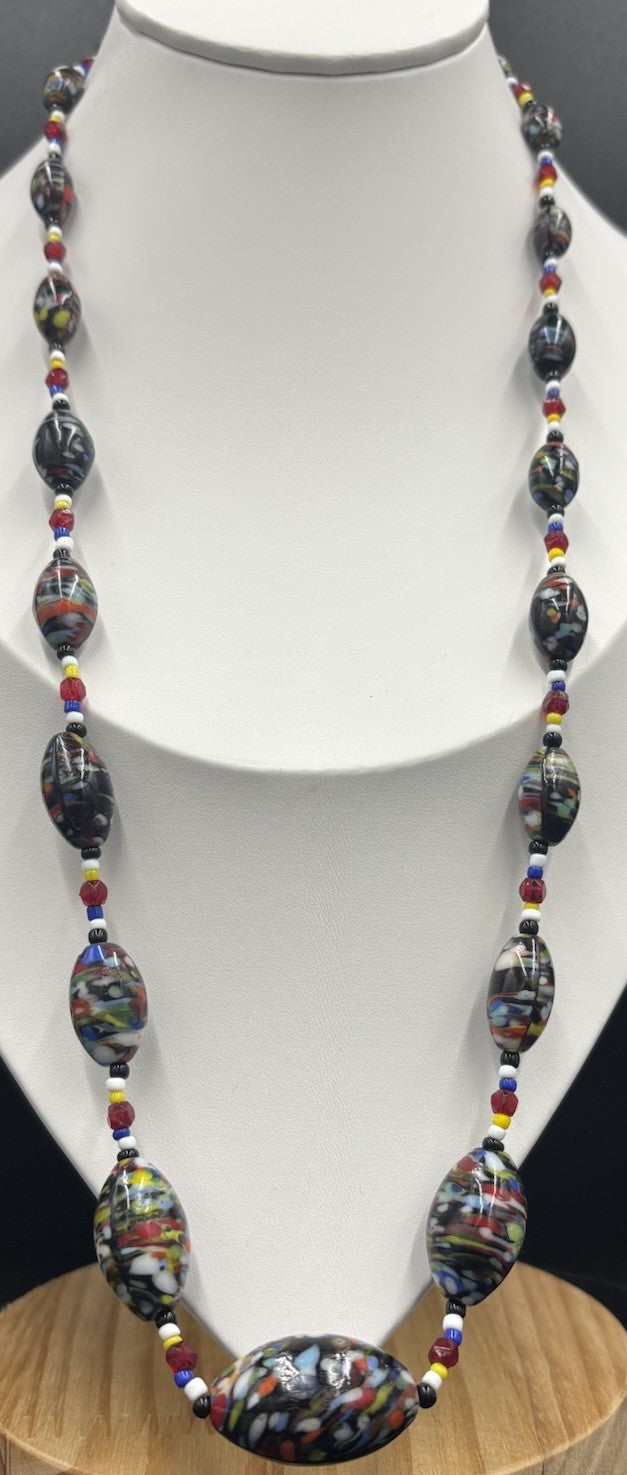 Vintage Murano Millefiori Glass Bead Necklace Black Base, Multicolour Confetti