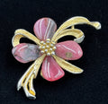 Vintage SFJ Brooch – Pink Marquise Glass, Gold Tone Floral Design