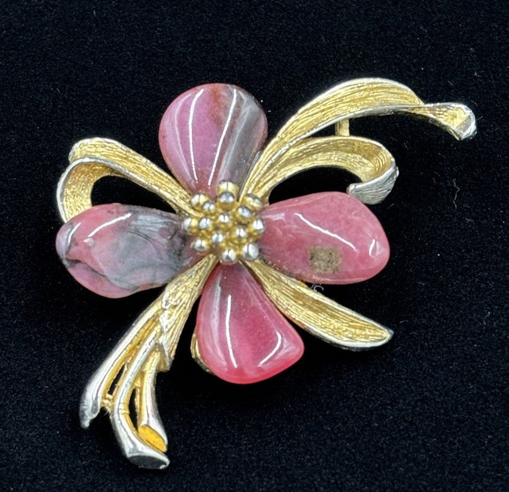 Vintage SFJ Brooch – Pink Marquise Glass, Gold Tone Floral Design