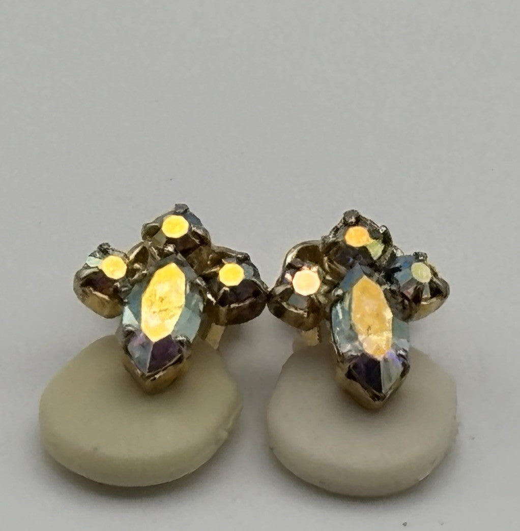 Vintage Unsigned Ice Blue Aurora Borealis Rhinestone Clip Earrings Mid Century