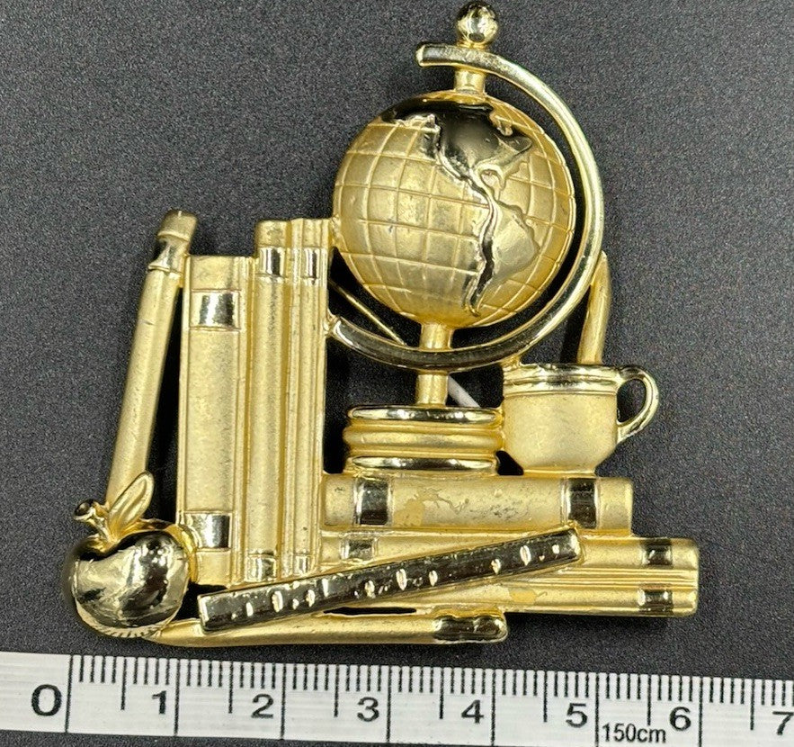 Vintage Brooch Pin Teacher Globe Apple Books Gold Tone Ajc Ruler Pencil Brooch