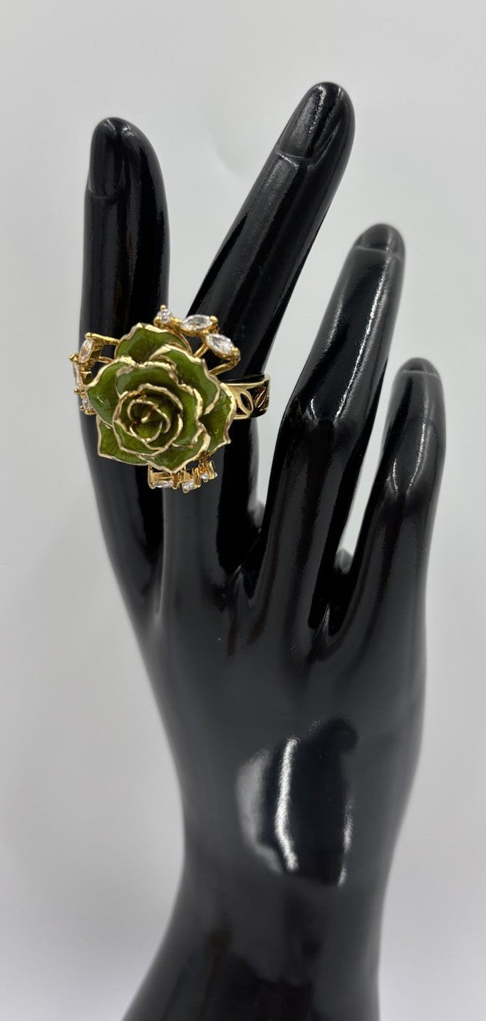 Green Enamel Rose Cocktail Ring Gold Tone Marquise Rhinestone Statement Jewelry