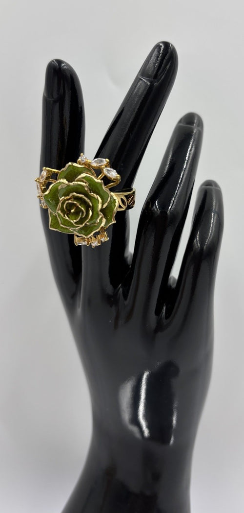 Green enamel rose cocktail ring gold tone with marquise rhinestones