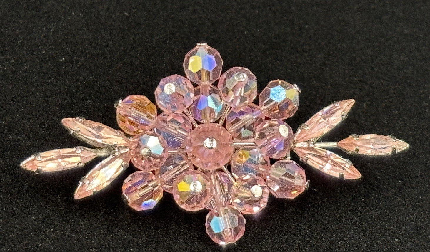 Vintage 1950s Pink Aurora Borealis Rhinestone Floral Brooch