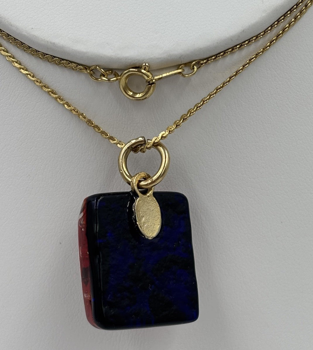 Vintage Murano Style Red Black Art Glass Pendant Necklace Gold Tone Chain