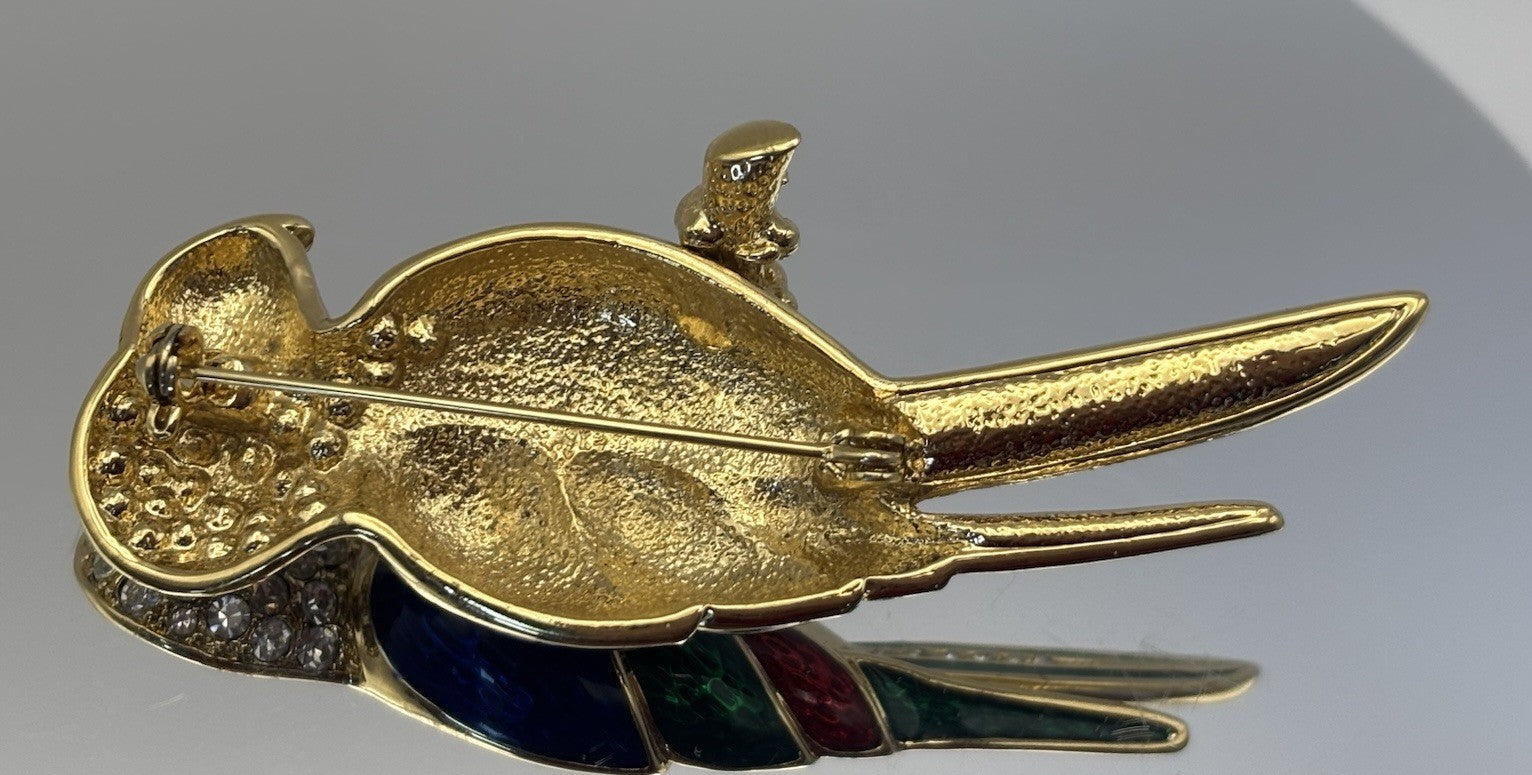 Vintage French Parrot Brooch Gold Tone Enamel & Crystal Bird Pin 7.5cm