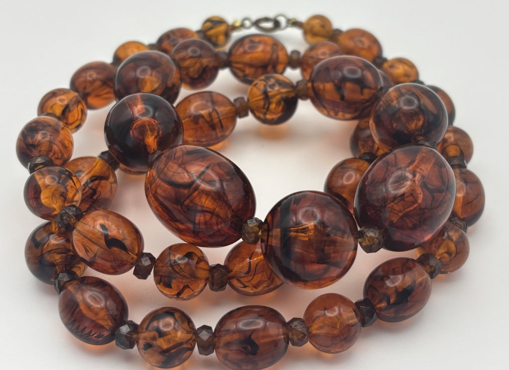 Vintage Lucite Faux Amber Bead Necklace 76cm Mid Century Swirled Resin Jewelry