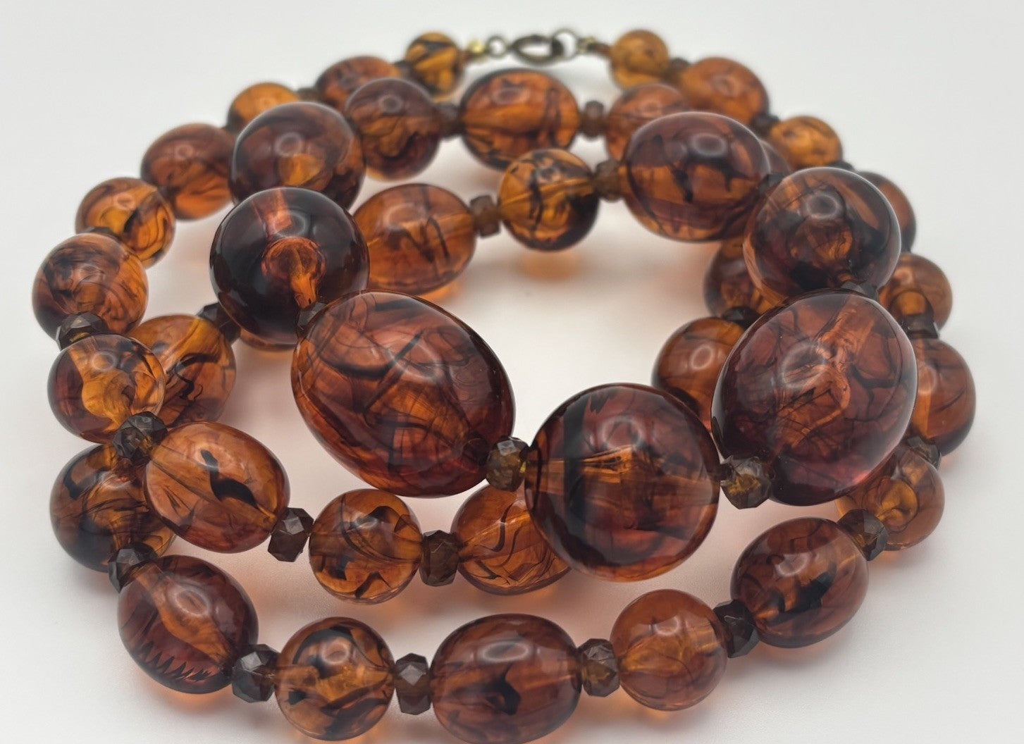 Vintage Lucite Faux Amber Bead Necklace 76cm Mid Century Swirled Resin Jewelry