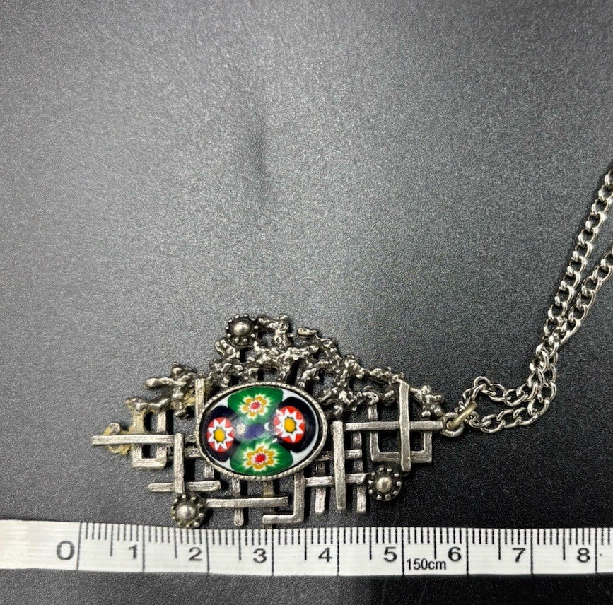 Vtg Millefiori Caning Art Glass Pendant Silver Plated, & Silver Tone Necklace
