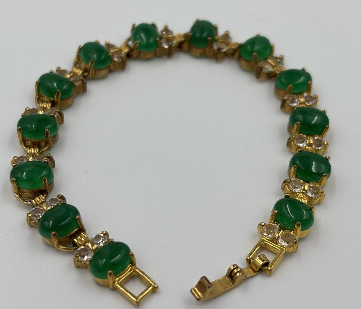 Vintage Natural Jade Bracelet Gold Tone Cubic Accents Elegant Classic Jewelry