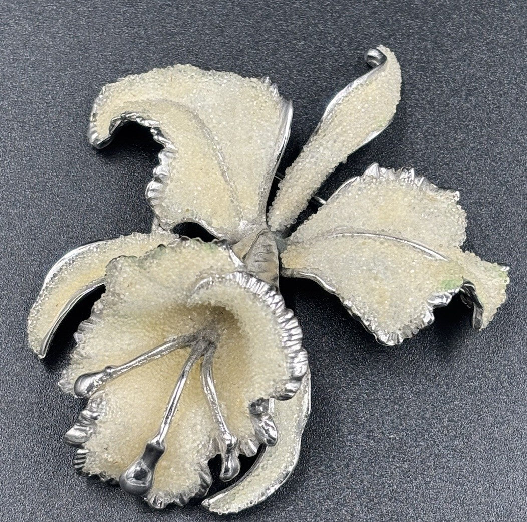 Vtg Arcasas Elizabeth Reimer Coralene  Frosted glass 3D Orchid Brooch Silver T