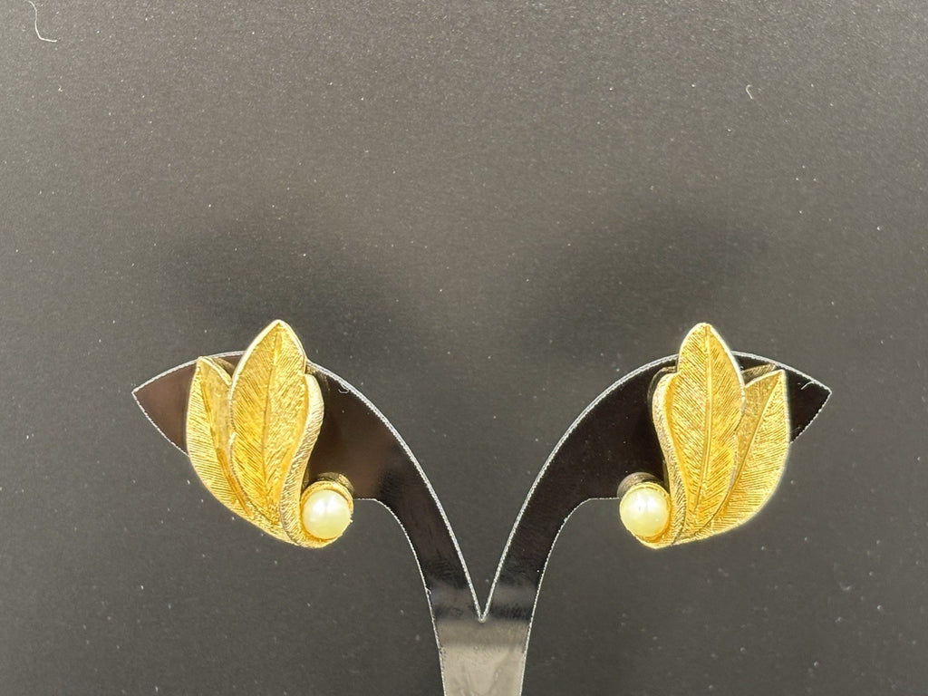 Vintage BSK Clip Leaf Wing Faux Pearl Earrings