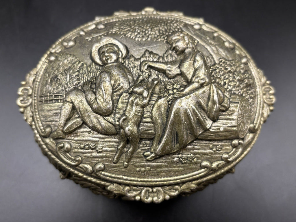 Vintage Ornate Trinket Box Romantic Couple Scene Jewellery Casket Velvet