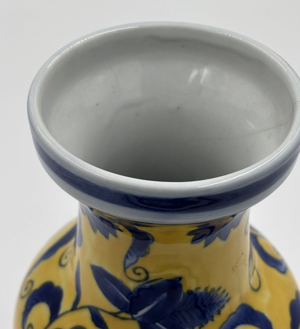 Vtg Chinese Porcelain Vase Yellow & Blue  Floral 20th Century Decorative Pottery