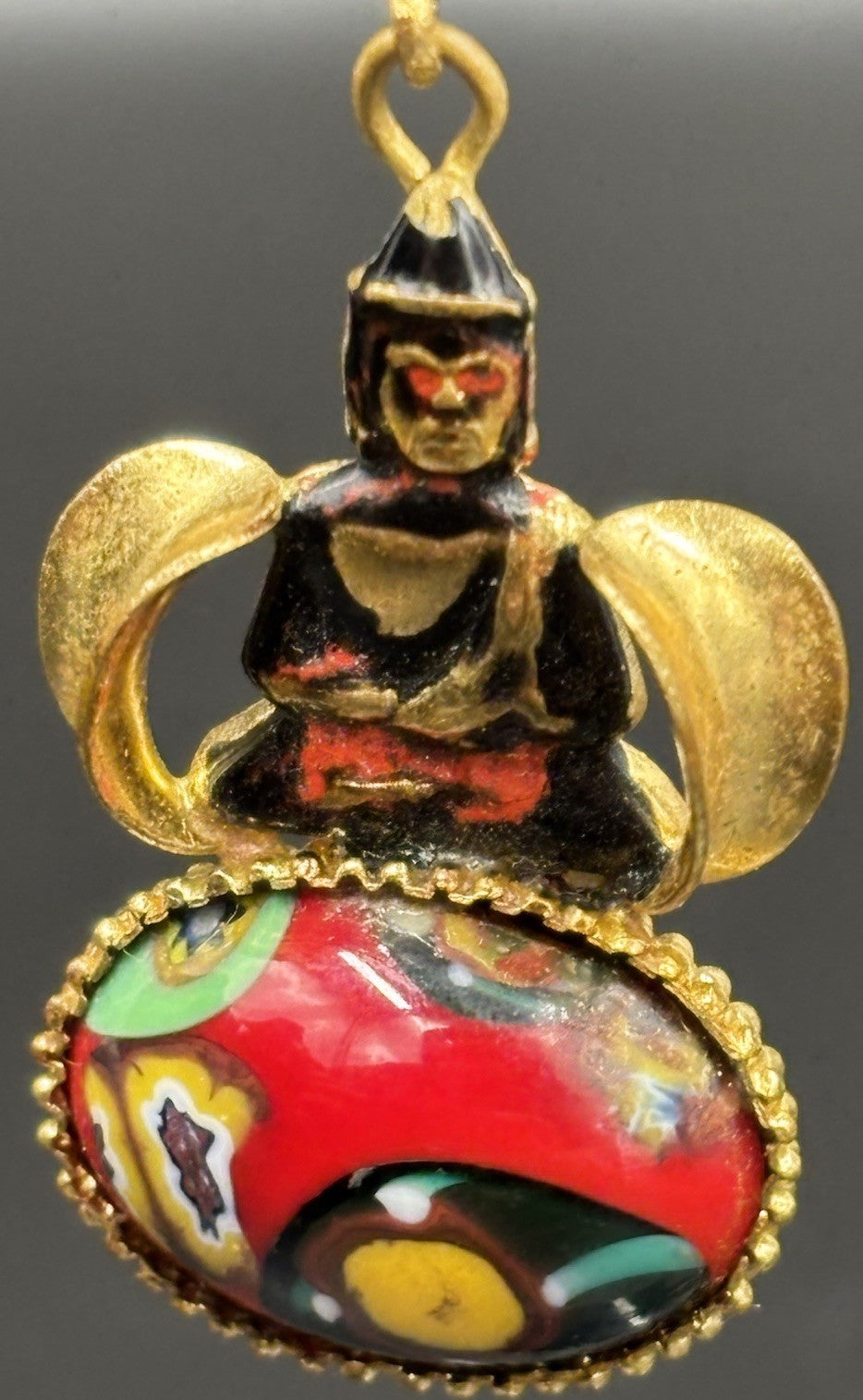Vintage Millefiori Glass Dangle Earrings Buddha Figure Colourful Art Glass