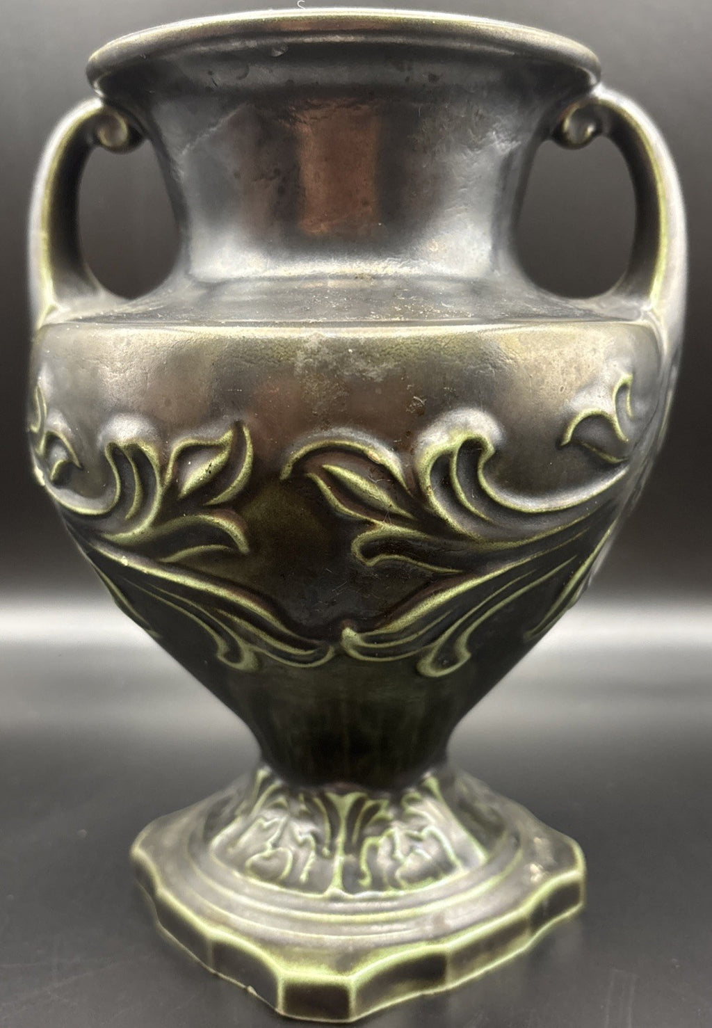 Vintage European Art Nouveau Handled Vase Dark Metallic Glaze Relief Urn