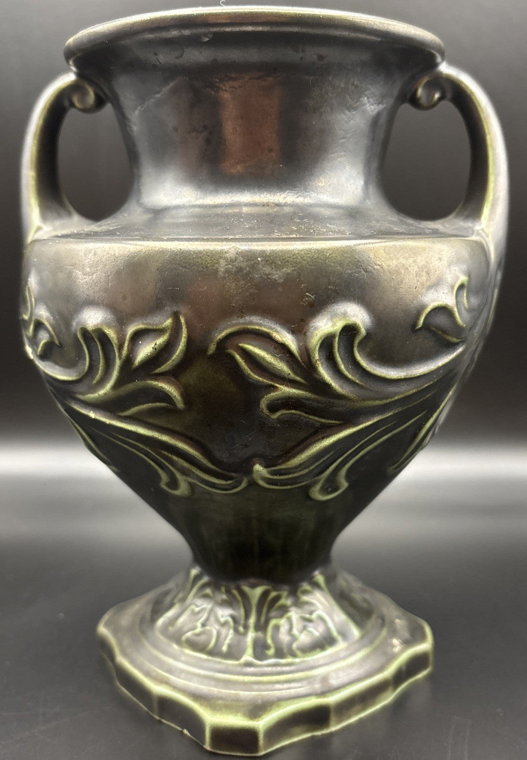 Vintage European Art Nouveau Handled Vase Dark Metallic Glaze Relief Urn