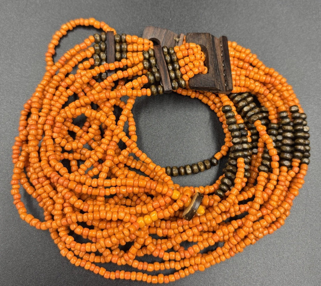 Vintage Tribal Orange Beaded Multi-Strand Necklace Wood Clasp Boho Ethnic