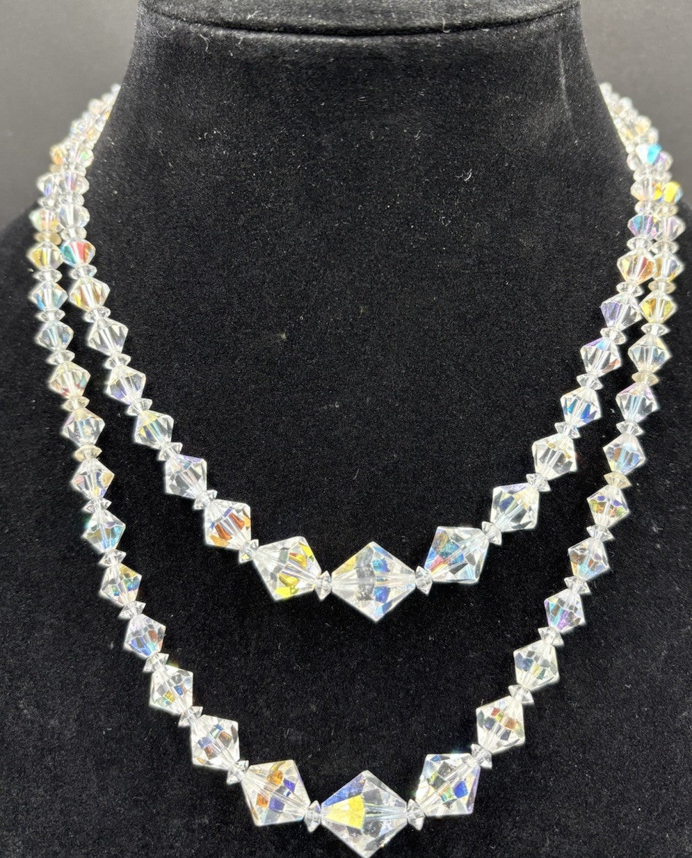 Vtg Double Strand Sparkling Aurora Borealis AB Glass Crystal Necklace & Earrings