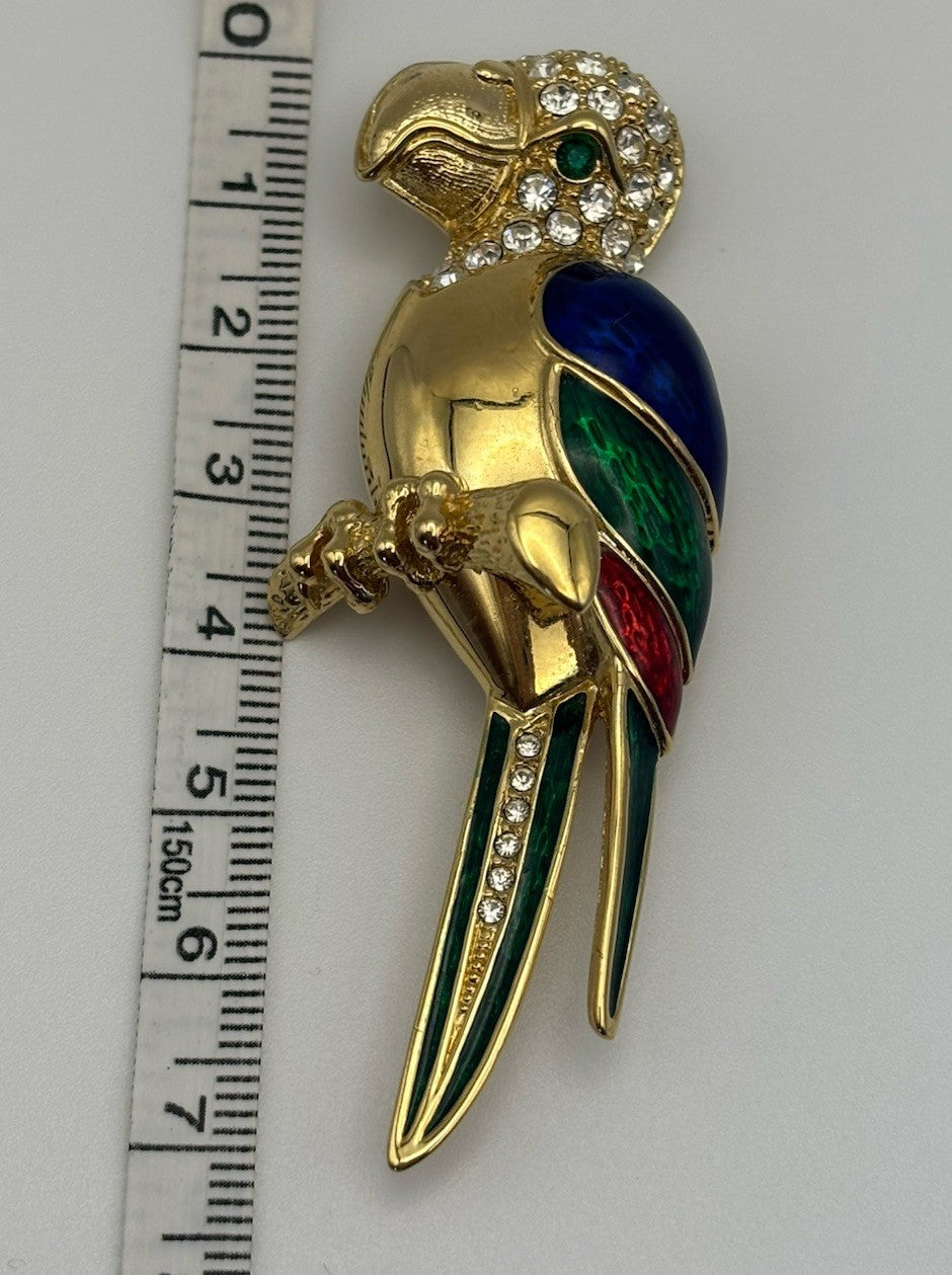 Vintage French Parrot Brooch Gold Tone Enamel & Crystal Bird Pin 7.5cm