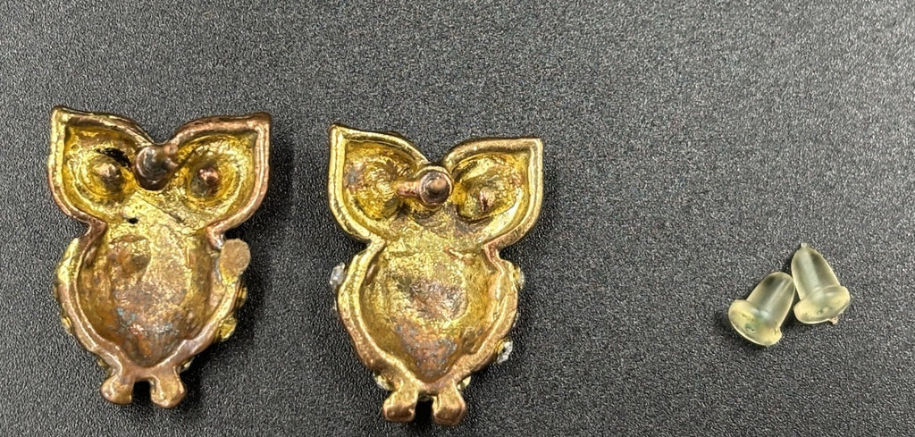 Vintage Owl Stud Earrings Rhinestone Studs Gold Tone
