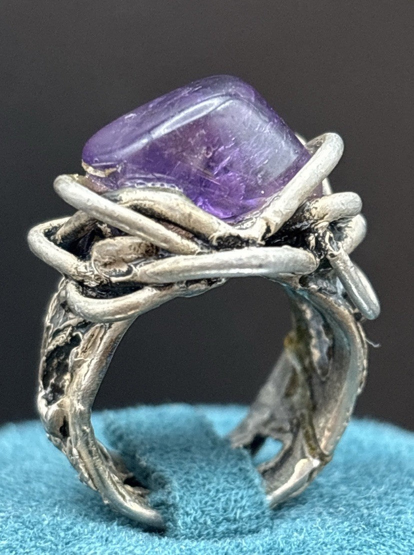 Vintage 925 Sterling Silver Artisan Amethyst Brutalist Statement Ring Size 5.5
