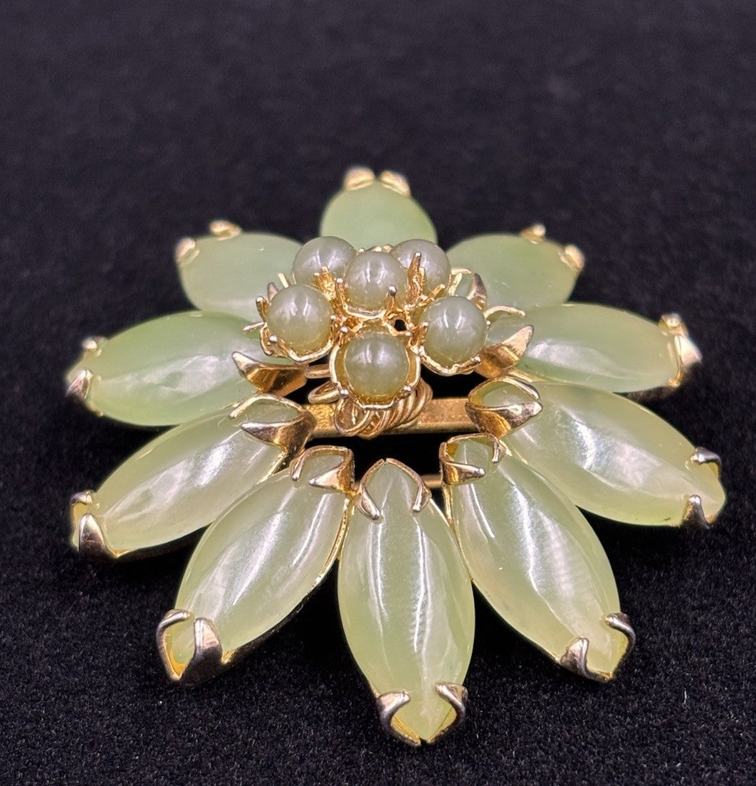 Vintage Jade Green Floral Brooch Gold Tone Statement Cluster Pin