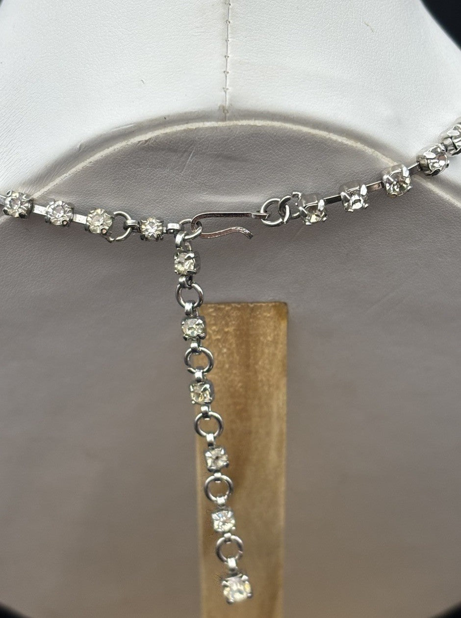 Vintage Rhinestone Necklace Silver Tone Marquise Drop Elegant Mid Century