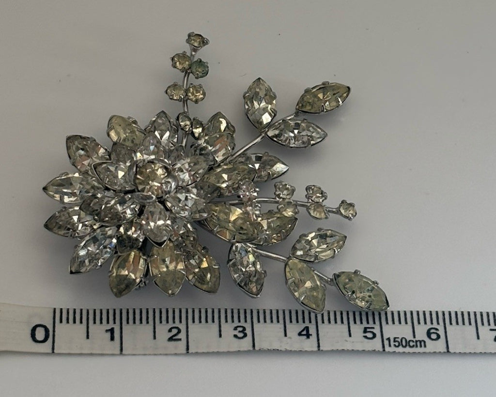 Vtg JewelCrest Brooch Donald Simpson Signed Clear Rhinestones Silver Tone