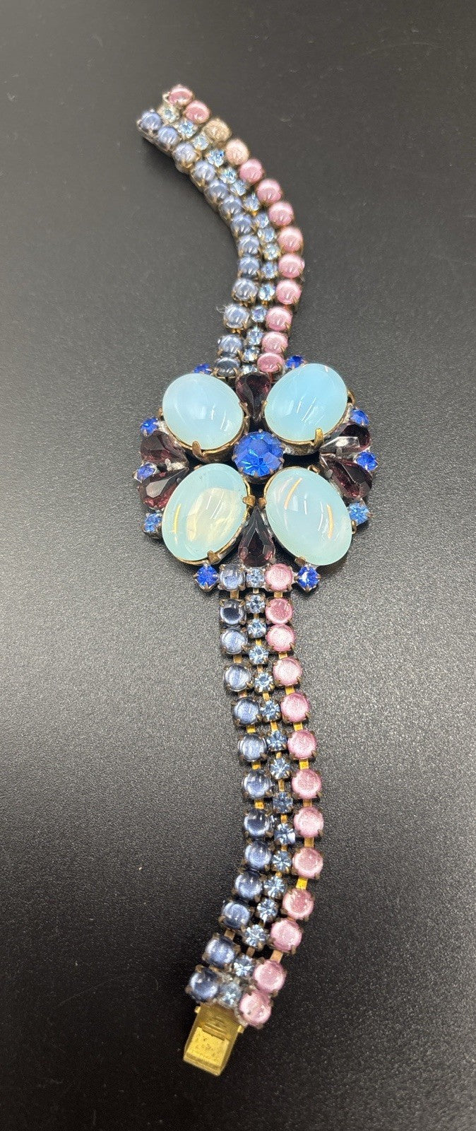 Husár D Vintage Opal Glass Rhinestone Bracelet Floral Czech Designer Jewelry