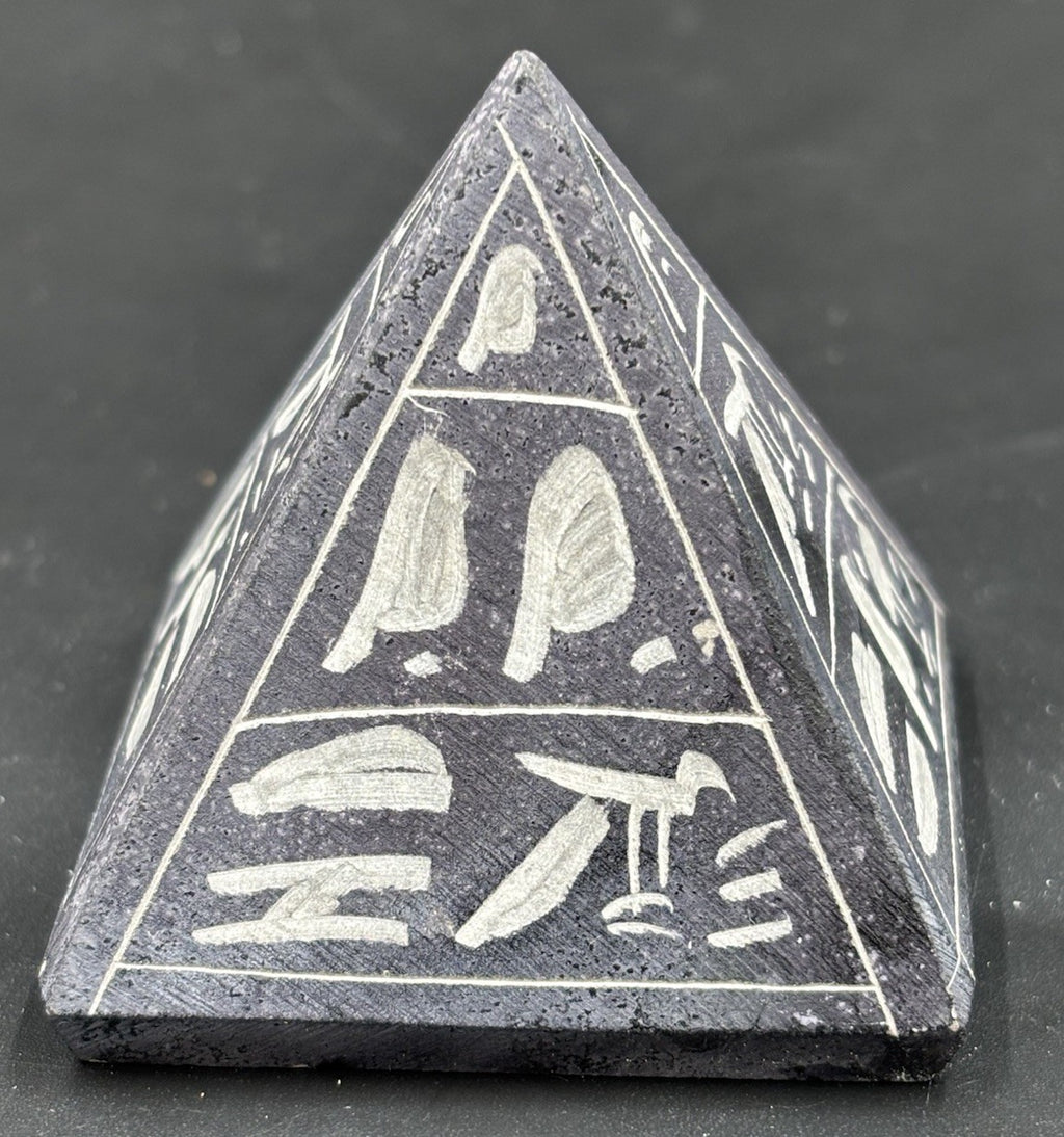 Egyptian Basalt Pyramid Hieroglyph Carved Stone Souvenir Handmade Egypt